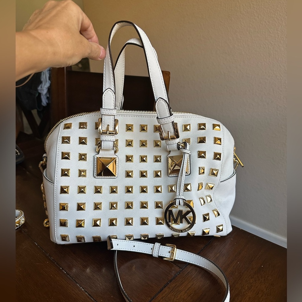 Michael Kors White and Gold Studded Grayson Satchel